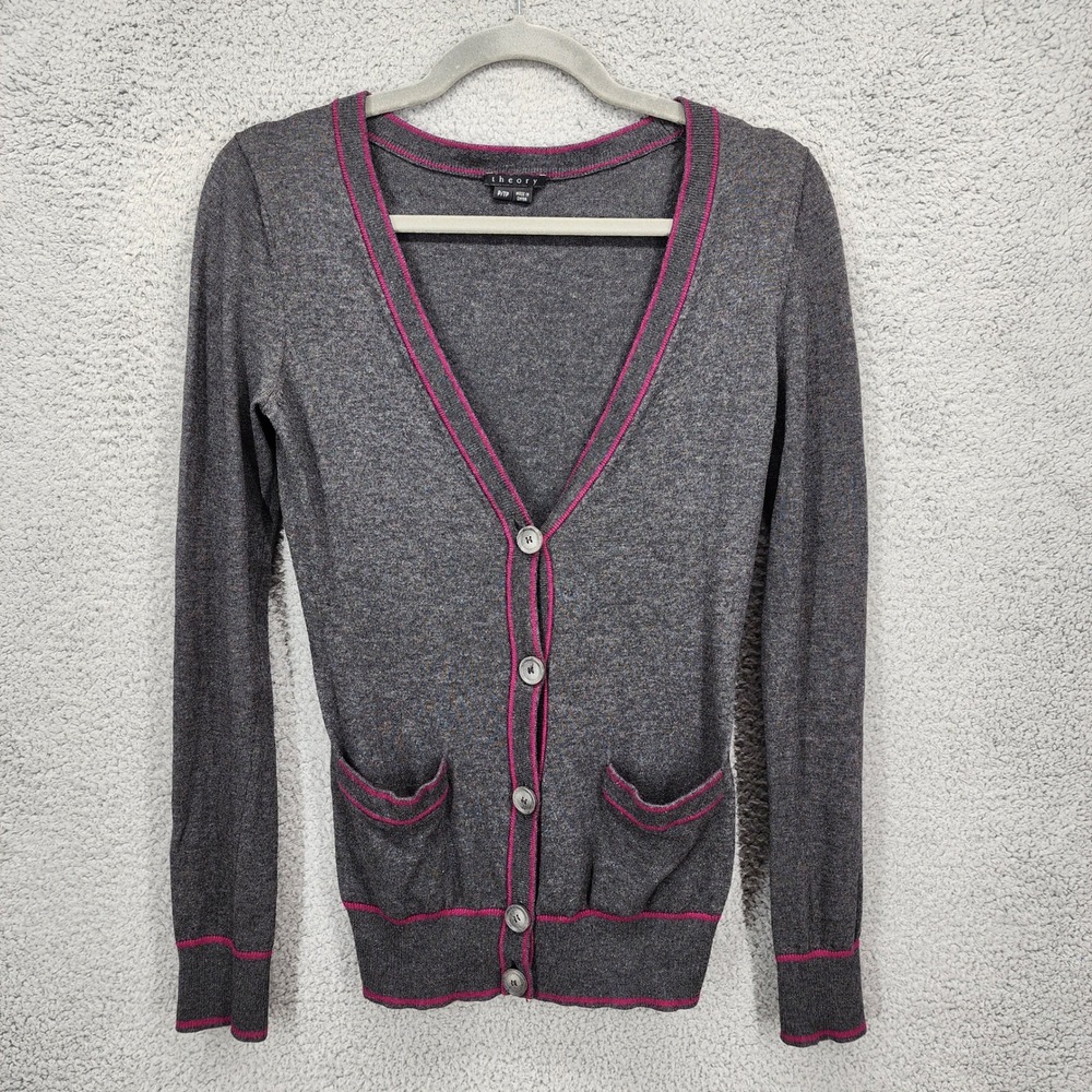 Theory Chelsea B Grey Magenta Cotton Cashmere V-Neck Cardigan Sweater P
